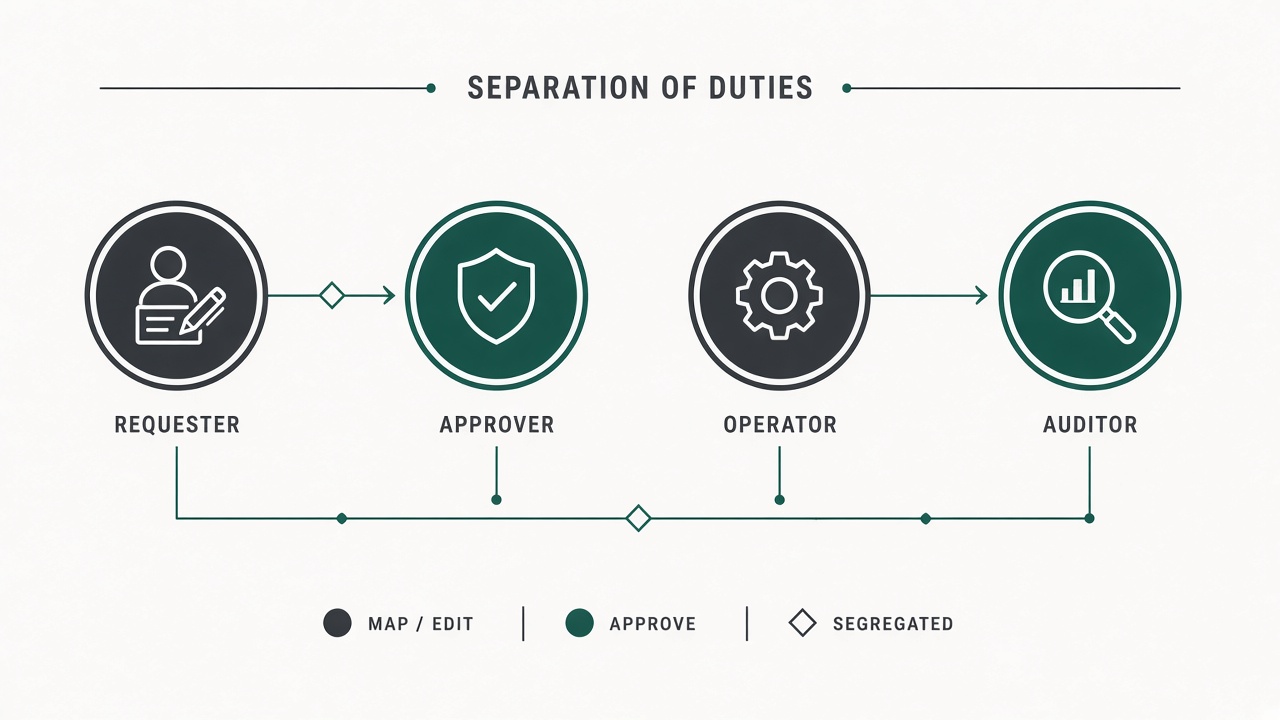 Requester, approver, operator, and auditor as separated roles