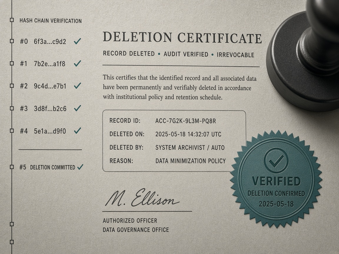 Deletion certificate being sealed with a verification stamp